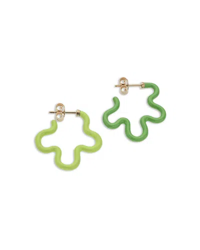 Bea Bongiasca 9k Yellow Gold Flower Funk Lime & Dark Green Open Flower Mismatch Huggie Hoop Earrings In Silver / Lime/ Green