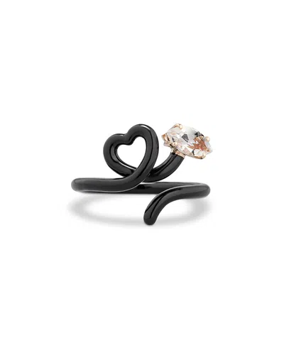 Bea Bongiasca 9k Yellow Gold Hearts Rock Crystal & Black Enamel Heart Ring