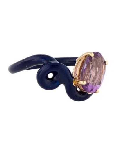 Pre-owned Bea Bongiasca Amethyst & Enamel Oval Vine Dark Navy Ring In Blue