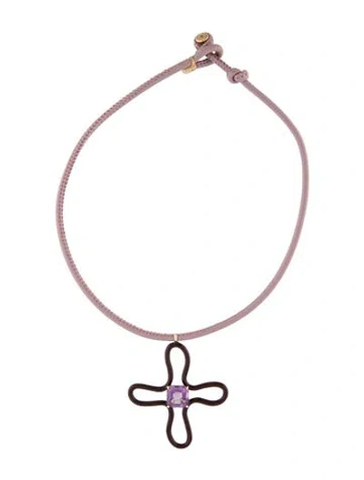 Pre-owned Bea Bongiasca Amethyst, Leather, & Enamel Pop Choker With Lucky Flower Pendant, 14" In Multi