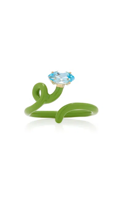 Bea Bongiasca Baby Vine Enameled 9k Yellow Gold; Silver Topaz Ring In Green