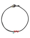 Bea Bongiasca Bea Bonglasca 9k Yellow Gold & Sterling Silver Blue Topaz & Red Enamel Vine Black Leather Cord Penda In Black