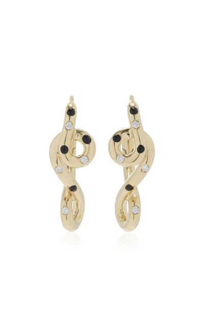 Bea Bongiasca Double Wave Enameled 9k Yellow Gold Diamond Hoop Earrings In Metallic