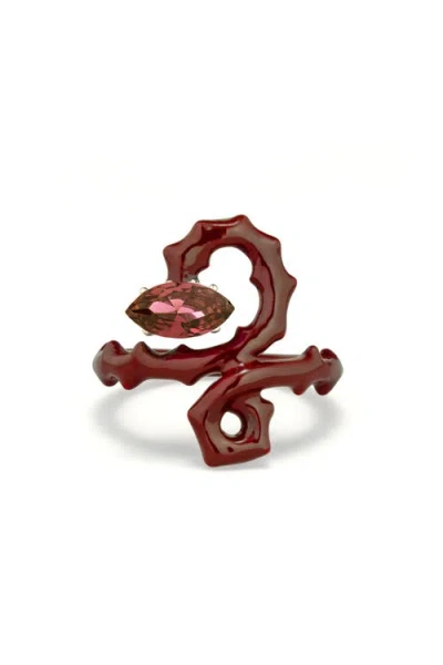 Bea Bongiasca Enamel Dragon Ring With Marquise Gemstone In Burgundy/garnet