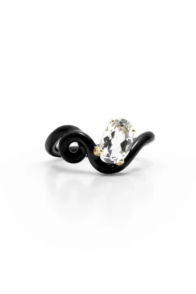 Bea Bongiasca Enamel Vine Ring With Oval Gemstone In Black/rock Crystal