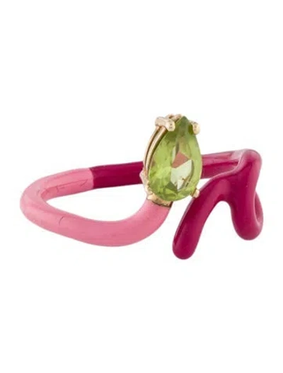 Pre-owned Bea Bongiasca Peridot & Enamel Baby Vine Ring In Pink
