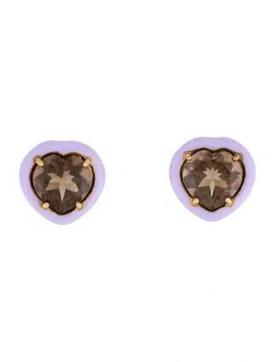 Pre-owned Bea Bongiasca Smokey Quartz & Enamel Candy Heart Stud Earrings In Multi