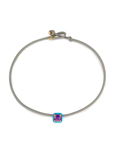 Bea Bongiasca Women's Flower Funk Pop 9k Yellow Gold, Sterling Silver, Amethyst, Leather & Blue Enamel Choker In Gray
