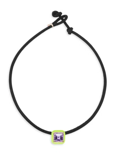 Bea Bongiasca Women's Flower Funk Pop Choker With Square In Candy Setting Goldtone, Enamel, Amethyst & Leather Nec In Lime Green