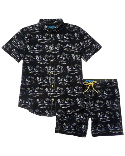 Beach Bros 2pc Palm Five-0 Swim Shirt & Trunk Set In Black