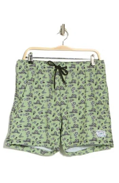 Beach Bros Floral Leaf Print Swim Trunks In Sage Green