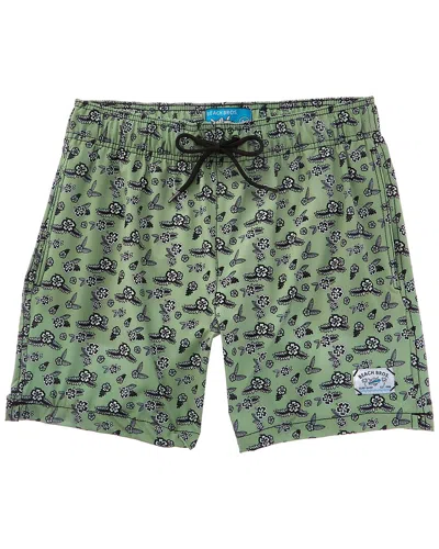 Beach Bros Geo Floral Leaf Swim Trunk In Green
