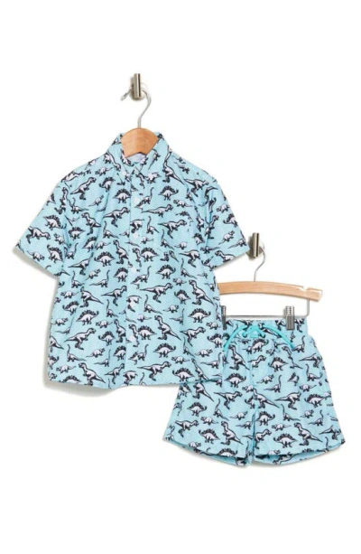 Beach Bros Kids' Chevron Dino Button-down Shirt & Shorts Cover-up Set In Aqua