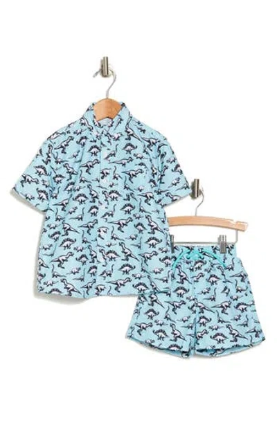 Beach Bros Kids' Chevron Dino Cabana Shirt & Shorts Set In Aqua