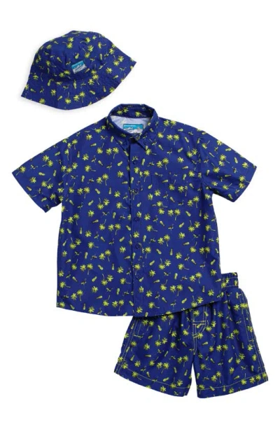 Beach Bros Kids' Pineapple Palm Shirt, Shorts & Hat Set In Blue