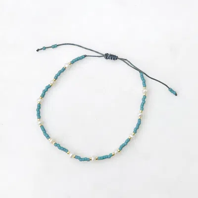 Beach Jewelry Spaced Pearl Pull Tie Bracelet Dusty Blue