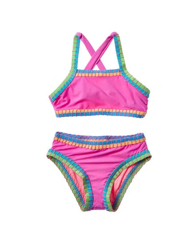 Beach Lingo Kids' 2pc Whipstitch Binding Crisscross Back Bra & Hipster Bottom Set In Pink
