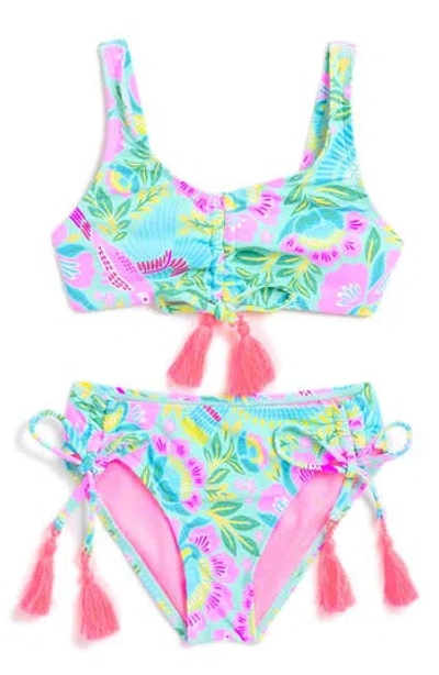 Beach Lingo Kids' Amazonia Cinch Tassel Two-piece Swimsuit In Aqua