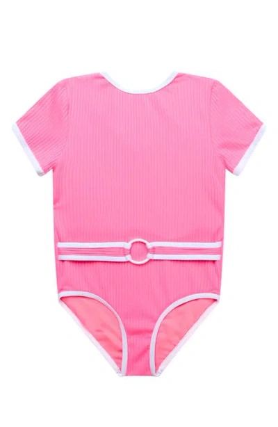 Beach Lingo Kids' Coco Belted Short Sleeve One-piece Swimsuit In Watermelon