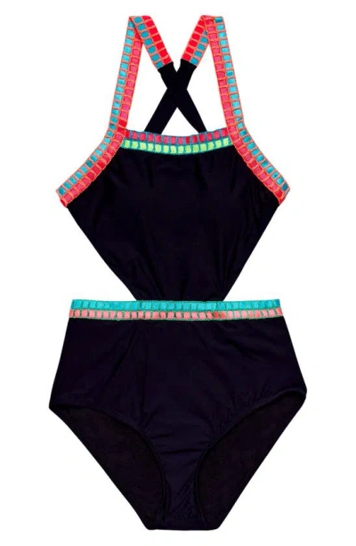 Beach Lingo Kids' Cutout Embroidered One-piece Swimsuit In Black