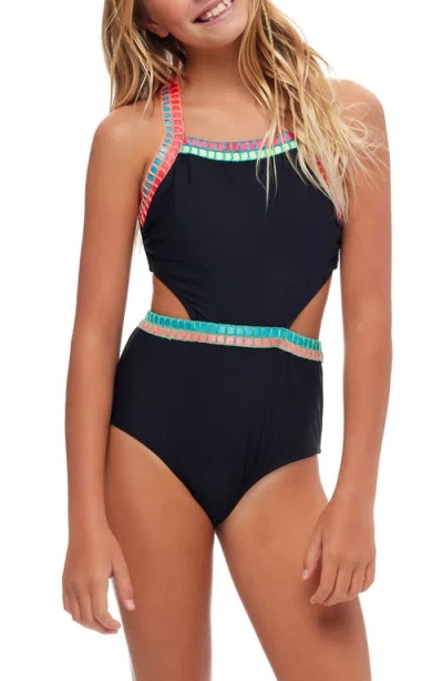 Beach Lingo Kids' Embroidered Trim Cutout One-piece Swimsuit In Black