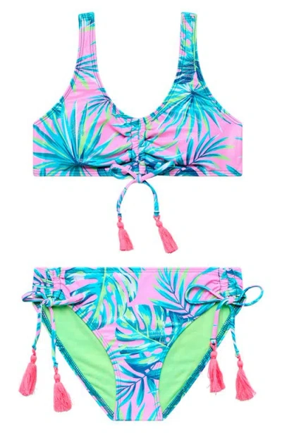 Beach Lingo Kids' Metallic Ruched Tassel Trim Two-piece Swimsuit In Blue