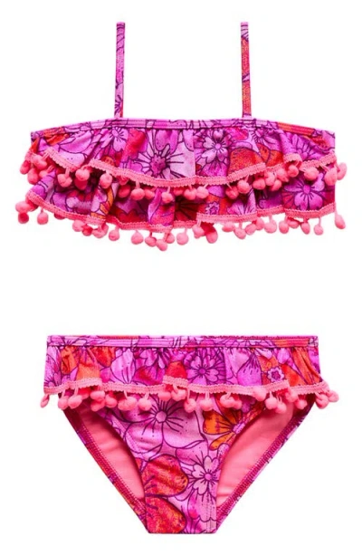 Beach Lingo Kids' Metallic Ruffle Pom Trim Two-piece Swimsuit In Pink