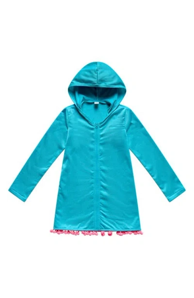 Beach Lingo Kids' Pom Trim Hooded Cover-up Tunic In Blue