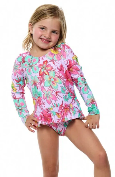 Beach Lingo Kids' Pom Trim Ruffle Long Sleeve One-piece Rashguard Swimsuit In Pink Multi
