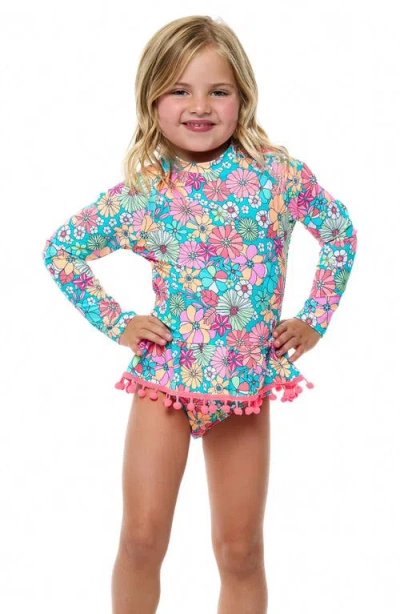 Beach Lingo Kids' Pom Trim Ruffle Long Sleeve Two-piece Rashguard Swimsuit In Multi