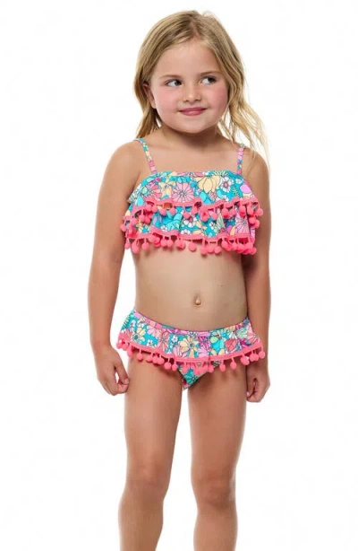 Beach Lingo Kids' Pom Trim Ruffle Two-piece Swimsuit In Pink Multi
