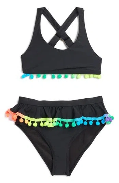 Beach Lingo Kids' Pompom Ruffle Two-piece Swimsuit In Black
