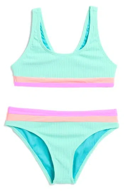 Beach Lingo Kids' Rays Rib Colorblock Bikini In Aqua