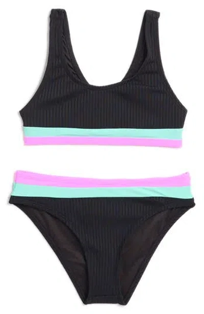 Beach Lingo Kids' Rays Rib Colorblock Bikini In Black
