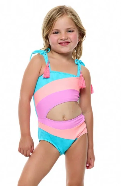 Beach Lingo Kids' Rib Colorblock One-piece Swimsuit In Retro Blue