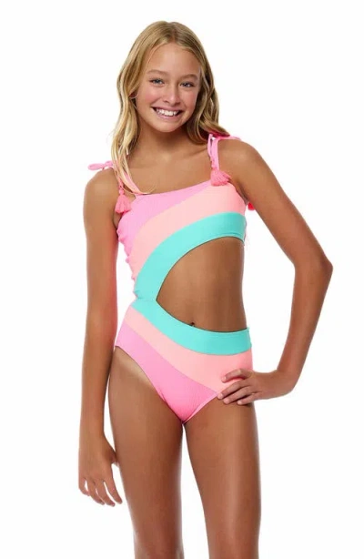 Beach Lingo Kids' Rib Colorblock One-piece Swimsuit In Watermelon