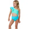 Beach Lingo Kids' Ruffle Asymmetric Cutout Colorblock One-piece Swimsuit In Aquatic