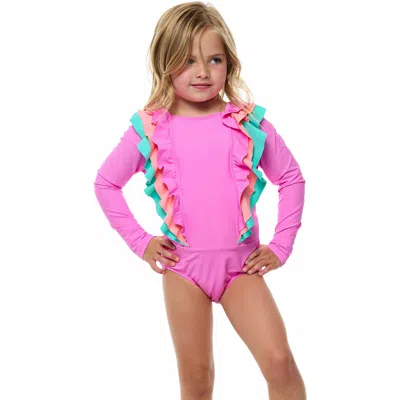 Beach Lingo Kids' Ruffle Long Sleeve One-piece Rashguard Swimsuit In Pink