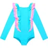 Beach Lingo Kids' Ruffle Long Sleeve One-piece Rashguard Swimsuit In Retro Blue