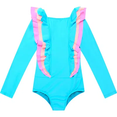 Beach Lingo Kids' Ruffle Long Sleeve One-piece Rashguard Swimsuit In Retro Blue