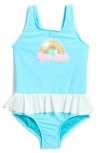 Beach Lingo Kids' Sequin Rainbow Skirt One-piece Swimsuit In Retro Blue