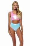 Beach Lingo Kids' Shiny Cutout One-piece Swimsuit In Neon Splash