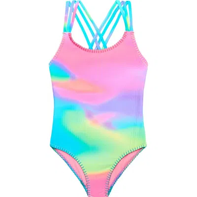 Beach Lingo Kids' Strappy Rib One-piece Swimsuit In Pink Multi