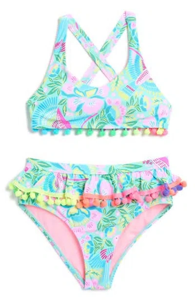Beach Lingo Kids' Tropical Ruffle Pompom 2-piece Bikini Set In Aqua