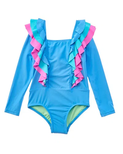 Beach Lingo Kids' Ruffle Rash One-piece In Blue