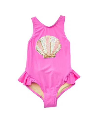 Beach Lingo Kids' Shell Sequin Patch Wrap Around Ruffle One-piece In Pink