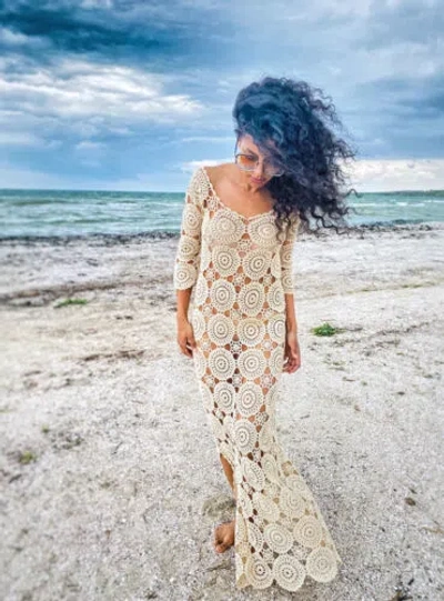 Pre-owned Beach Pastel Maxi Crocheted Dress/ Wedding Dress/ Cover Up Dress In Beige