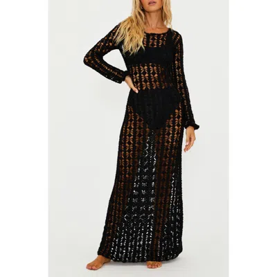 Beach Riot Ariana Long Sleeve Cotton Crochet Cover-up Dress In Black