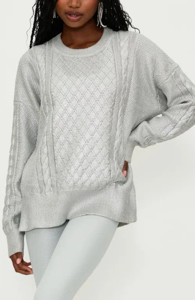 Beach Riot Callie Mix Stitch Metallic Crewneck Sweater In Silver Shine Cable