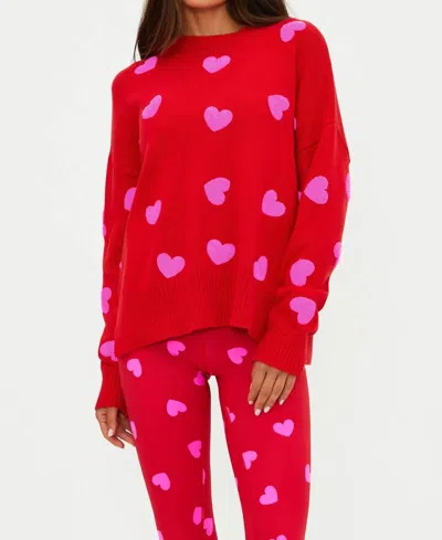 Beach Riot Callie Sweater In Royal Red Hearts In Pink